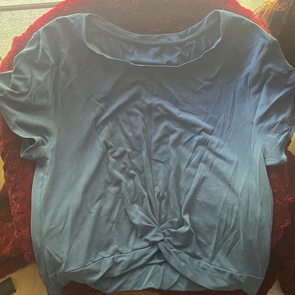 Blue Gray Short Sleeve Tie Front T-Shirt with Peter Pan Collar